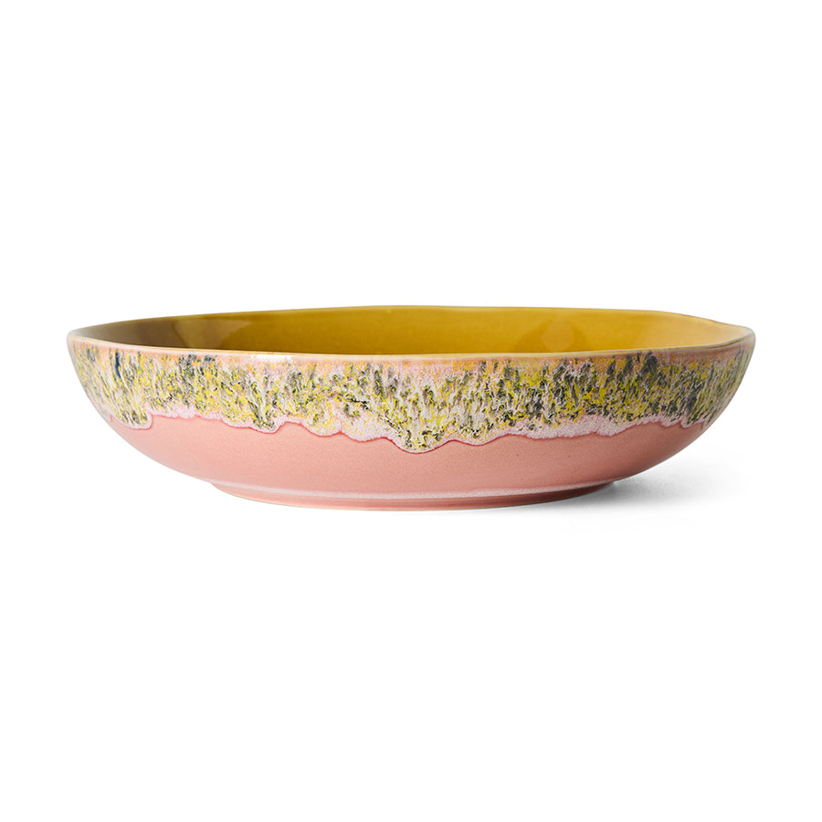 70s Ceramics Salad Bowl in Macaron by HKLIVING, soft pink stoneware bowl with speckled yellow-green rim and mustard interior, plain white background