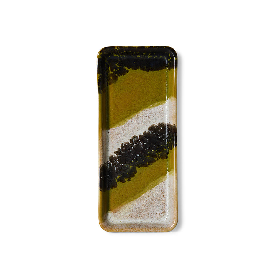 70s Ceramics Tray in Truffle by HKLIVING – rectangular stoneware dish with reactive olive, cream and black glaze