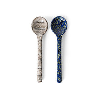 Set of two 70s ceramics serving spoons in Blues by HKLIVING, shown side by side in cobalt-and-chartreuse and cream-and-brown speckled glazes