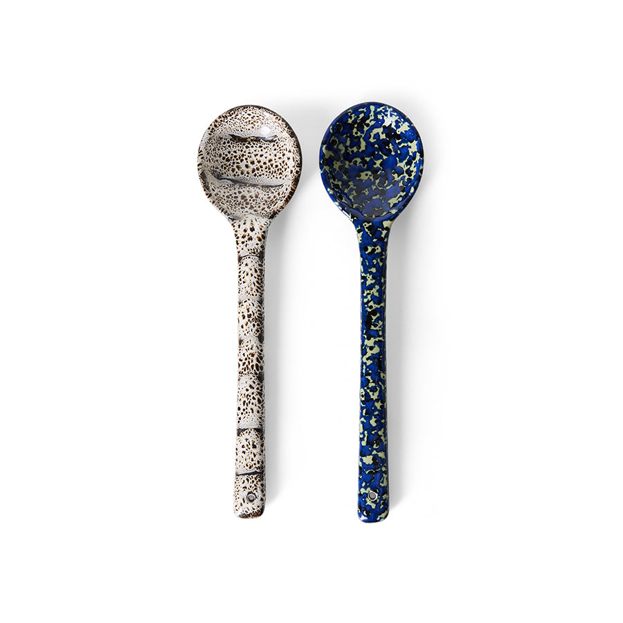 Set of two 70s ceramics serving spoons in Blues by HKLIVING, shown side by side in cobalt-and-chartreuse and cream-and-brown speckled glazes