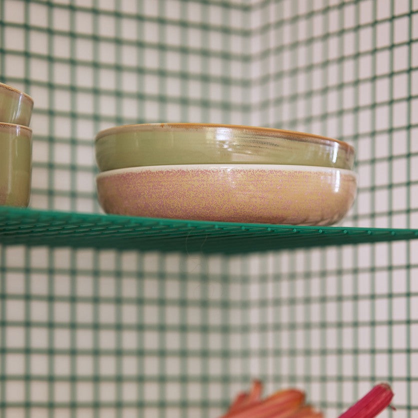 HKLIVING Chef Ceramics deep plates stacked on a green tiled shelf
