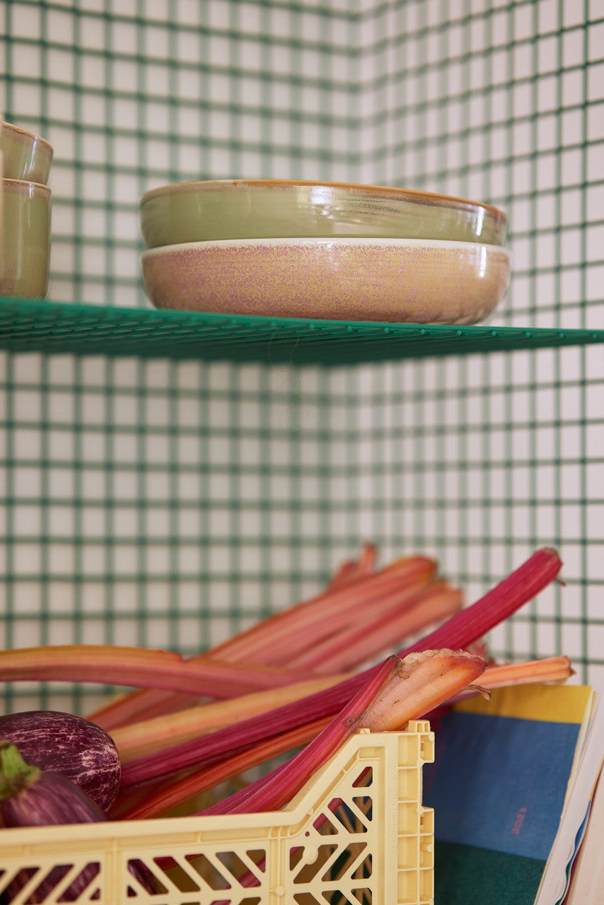 HKLIVING Chef Ceramics deep plates on a green tiled shelf above a crate of rhubarb