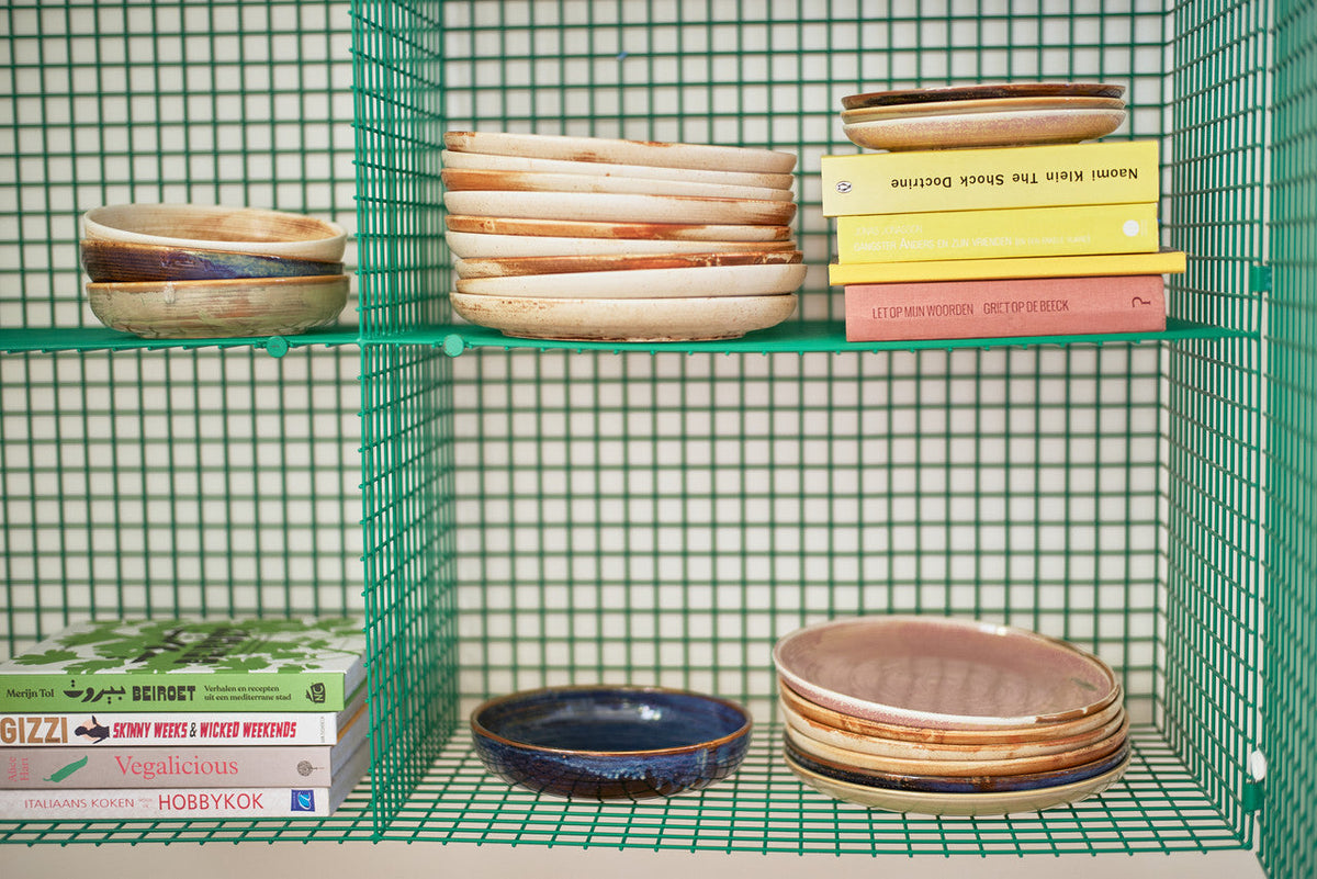 HKLIVING Chef Ceramics plates and bowls stacked on a green grid shelving unit