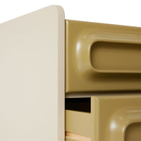 Front view of the Space Nightstand in Sage-Cream by HKLIVING, showing the cream frame and olive-mustard drawer fronts