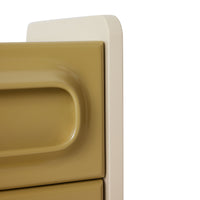 Angled close-up of the Space Nightstand in Sage-Cream by HKLIVING, showing the olive-mustard drawer fronts against the cream frame