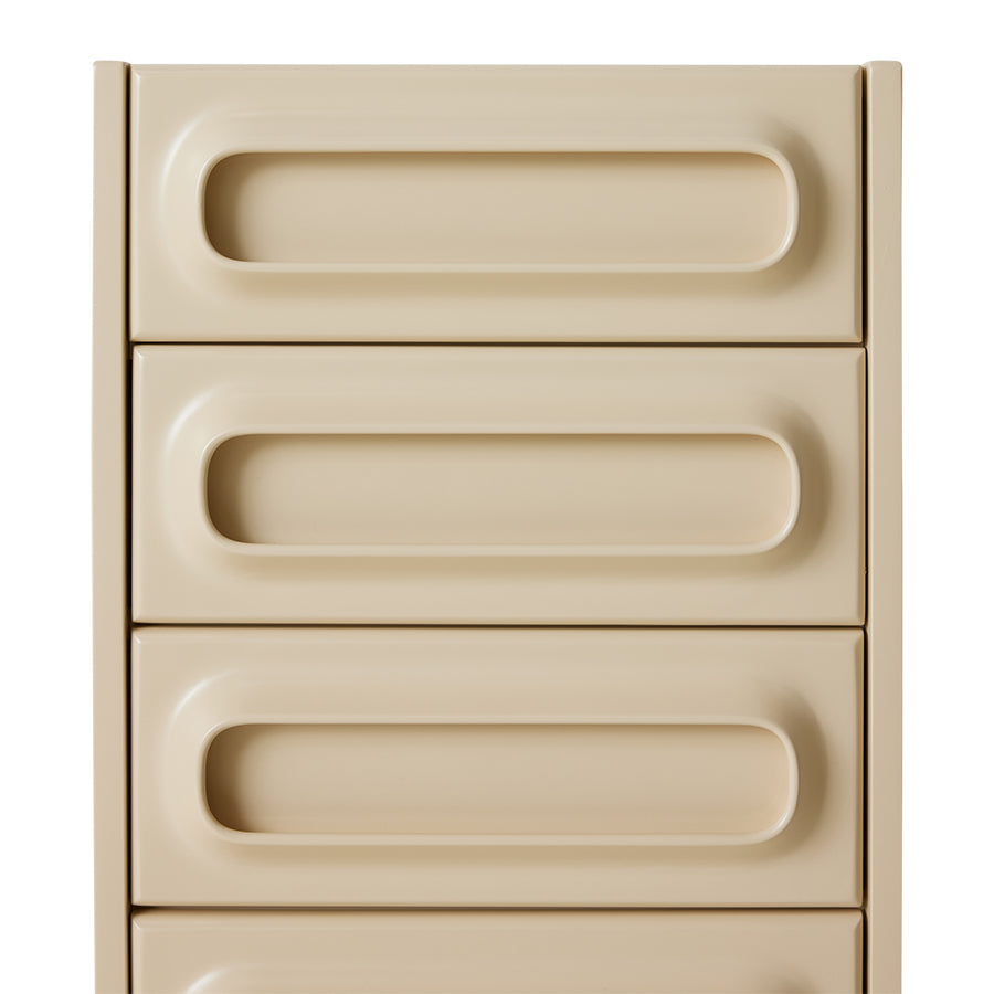 Front view of the tall cream Space Drawer Cabinet by HKLIVING, showing six rounded drawer fronts