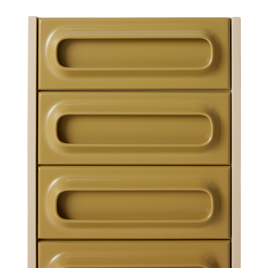 Front view of the tall Space Drawer Cabinet in Sage-Cream by HKLIVING, showing the cream frame and olive-mustard drawer fronts