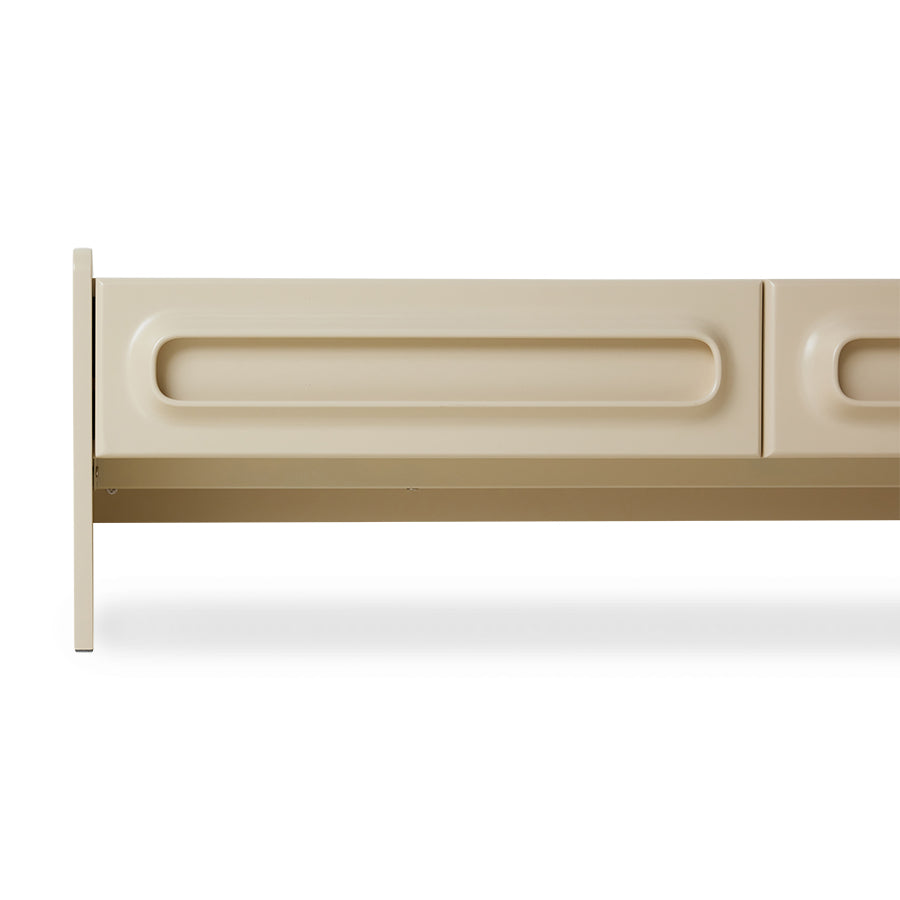 Front view of the long cream Space Lowboard by HKLIVING, showing three rounded drawer fronts
