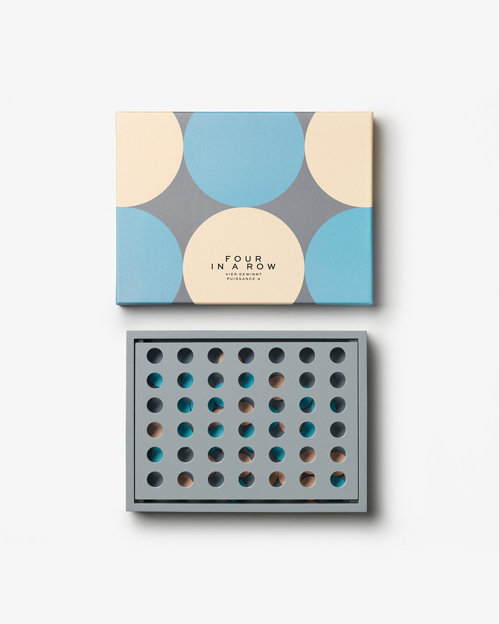 Four in a Row game with blue and beige wooden discs