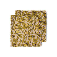 olive green coloured cloth napkins with a similar design to the hk living tangerines ones with an almost fruit on a branch type design and purple stiching around the outer edge