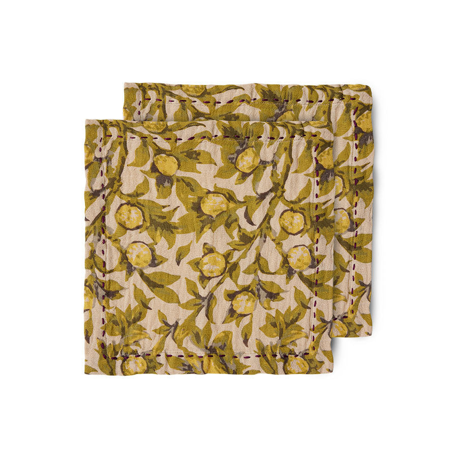 olive green coloured cloth napkins with a similar design to the hk living tangerines ones with an almost fruit on a branch type design and purple stiching around the outer edge