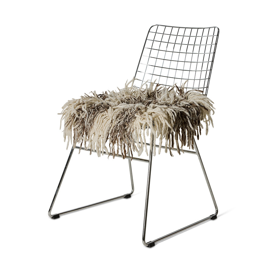 HKLIVING Wire Chair Comfort Kit shaggy cushion fitted onto the Wire Chair, angled view