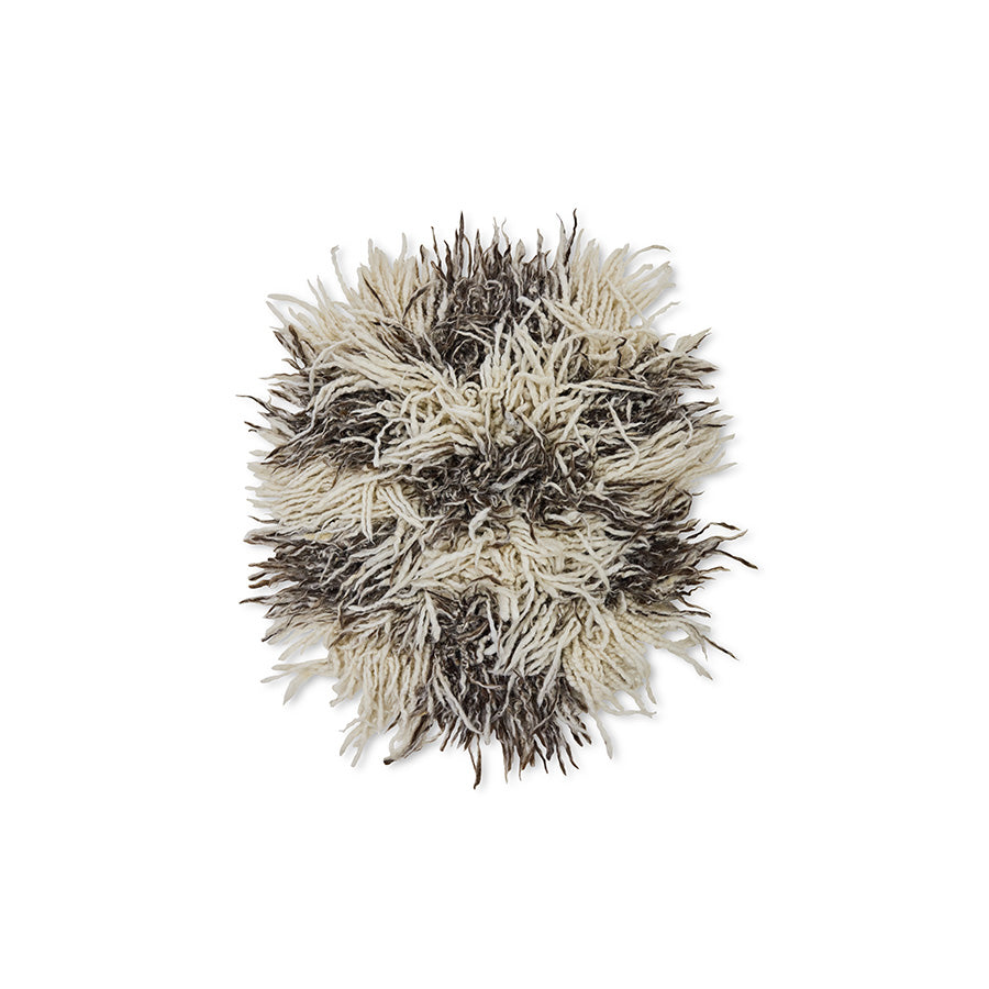 HKLIVING Wire Chair Comfort Kit shaggy cushion in ivory and brown, flat view showing the long shaggy fibres