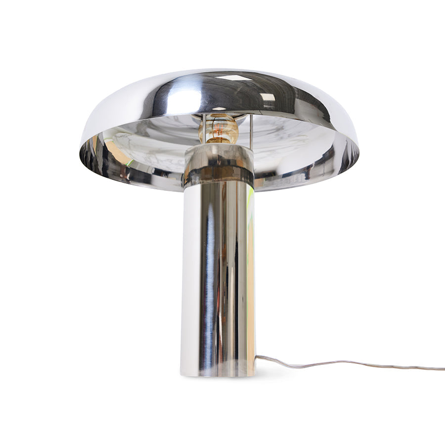 side view of HKLIVING chrome mushroom table lamp showing reflective base and shade
