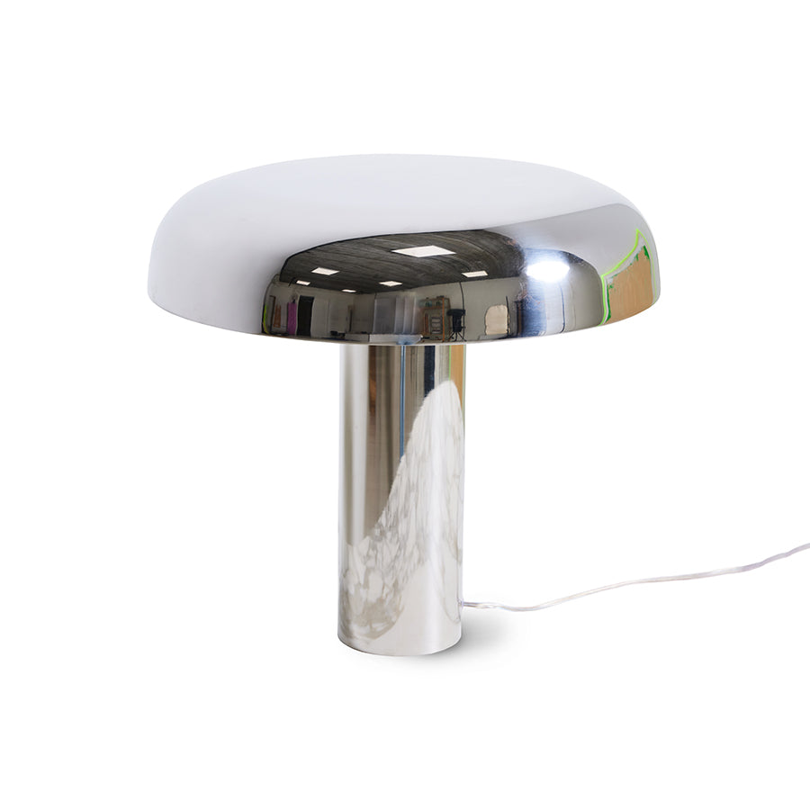 close-up of HKLIVING mushroom table lamp in chrome showing mirrored shine and curved silhouette
