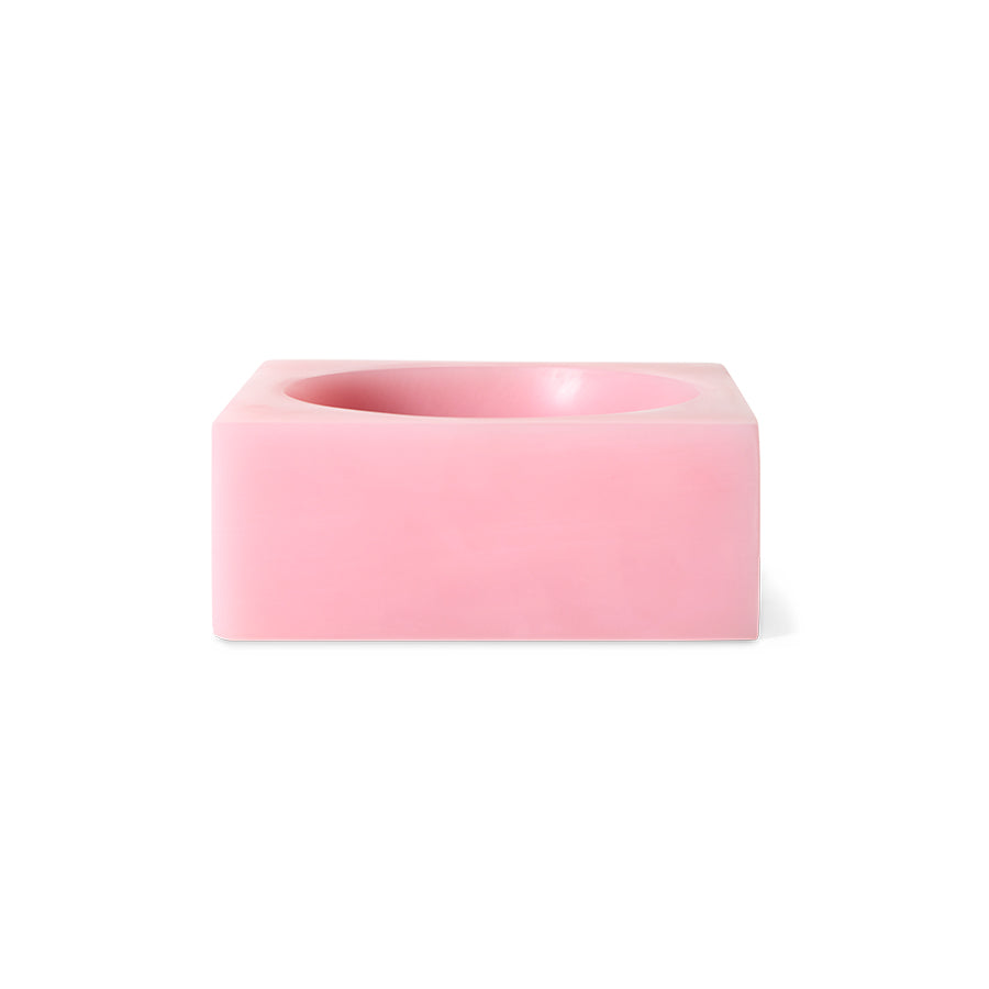 Studio shot of the HKLIVING Pop Cube Small in Pink on a white background, showing its square resin form and scooped bowl