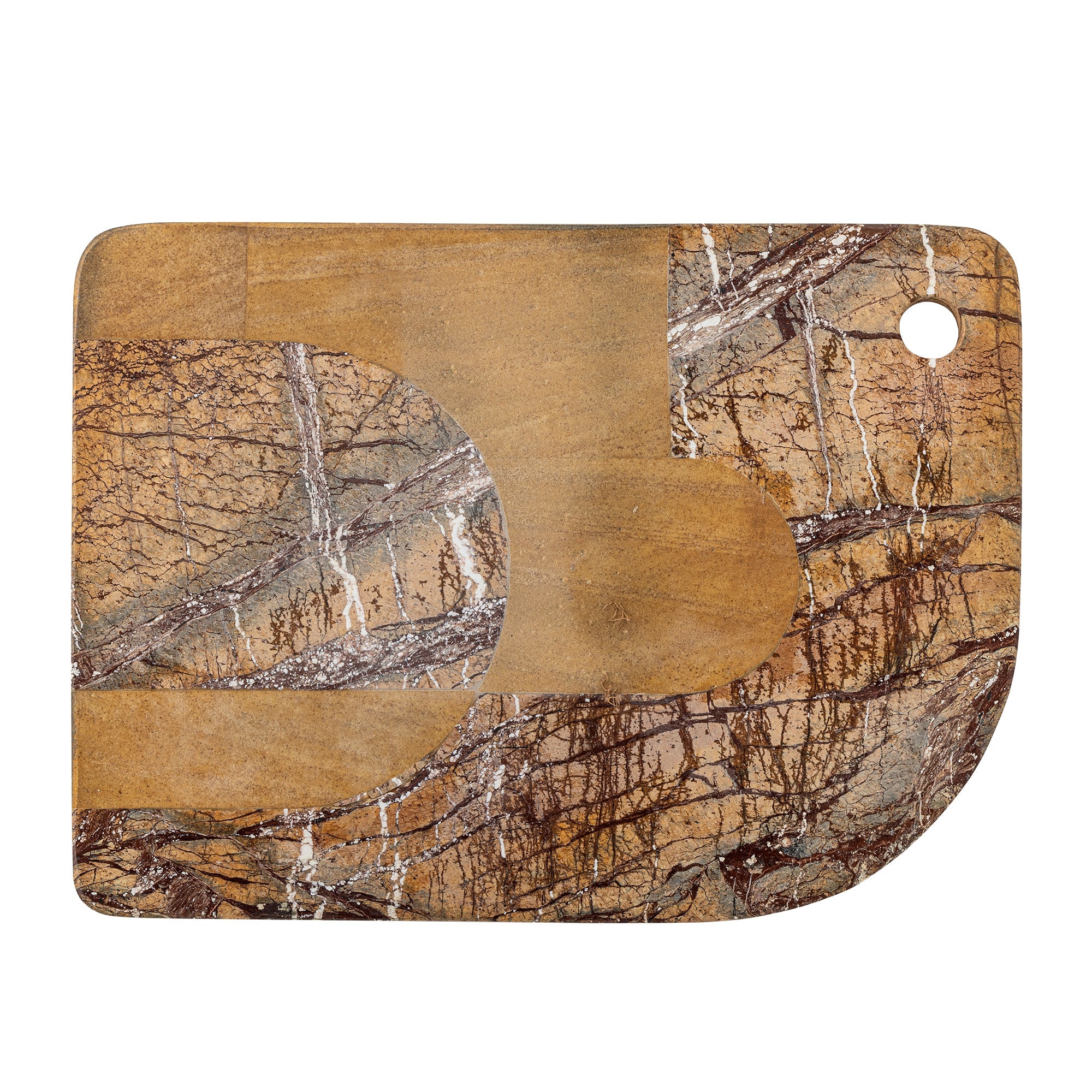Front view of the Abrianna brown marble cutting board showing its natural grain-like stone pattern.