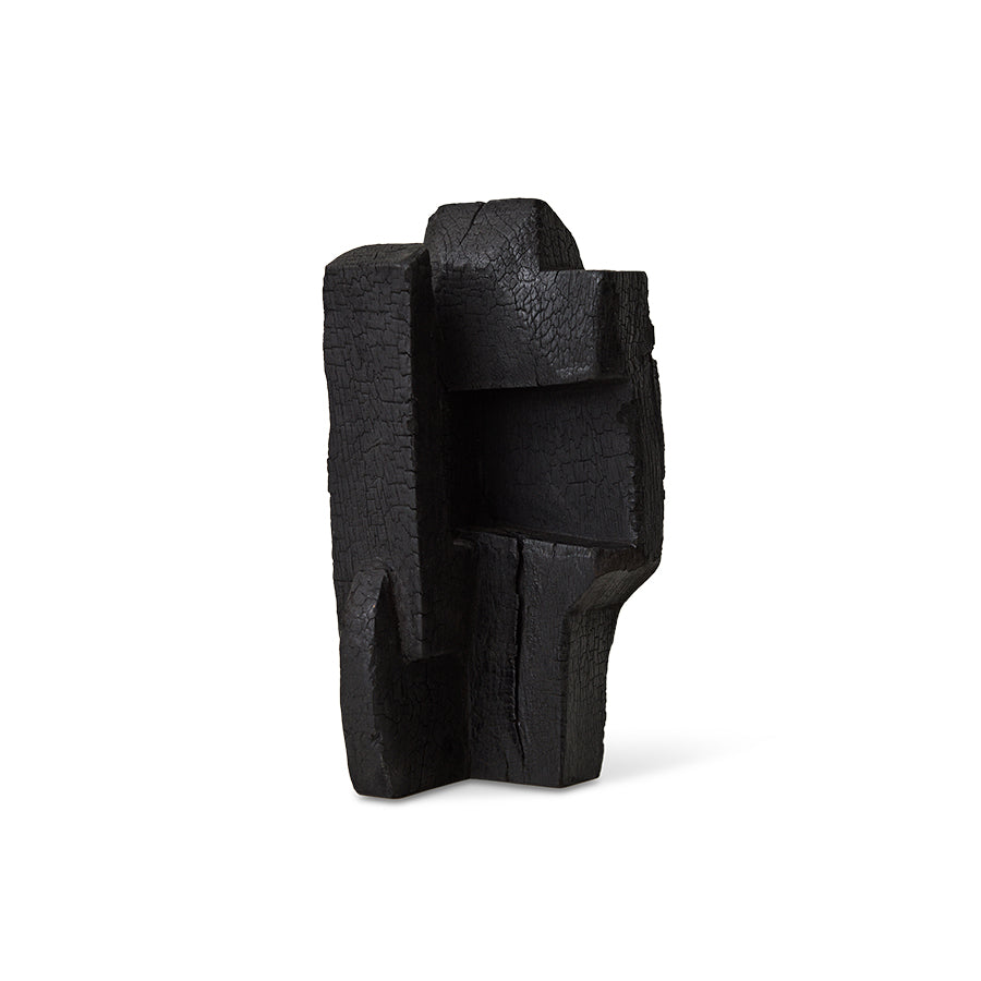 abstract burned wooden sculpture showing textured charred surface
