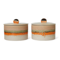 HKLIVING 70s cookie jar Burst, angled view showing shape, lid and multicolour stoneware glaze