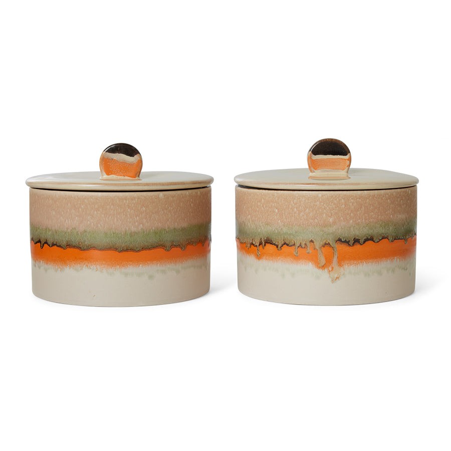 HKLIVING 70s cookie jar Burst, angled view showing shape, lid and multicolour stoneware glaze
