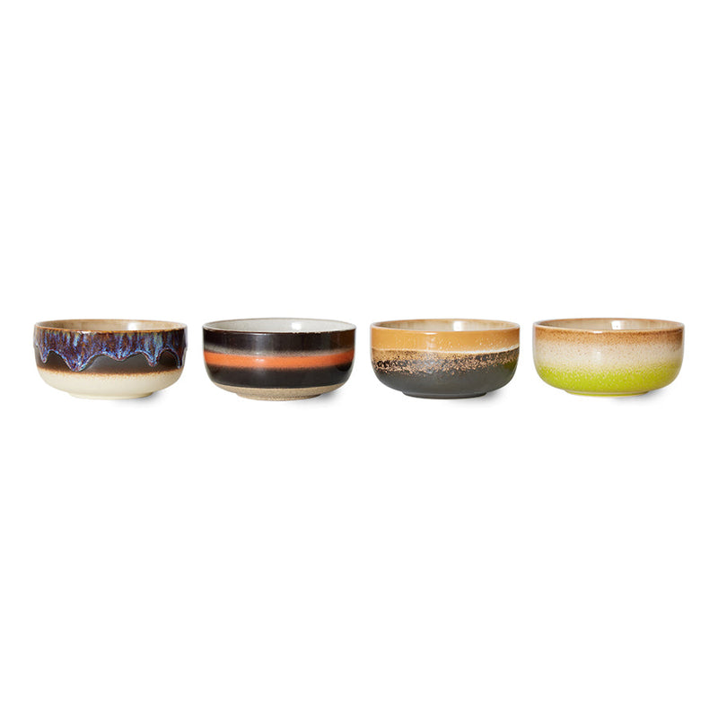 set of four hkliving humus dessert bowls in a row, showing purple, orange, mustard and green glaze finishes