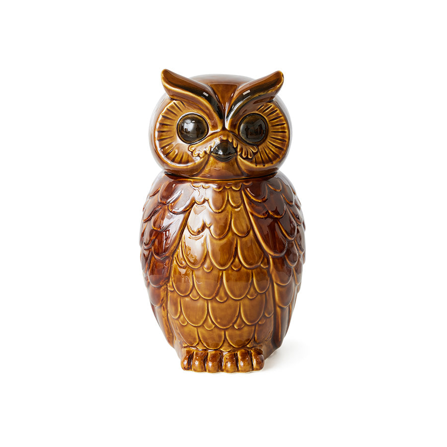 HKLIVING ceramic owl jar with lid, roasted brown stoneware storage jar, front view
