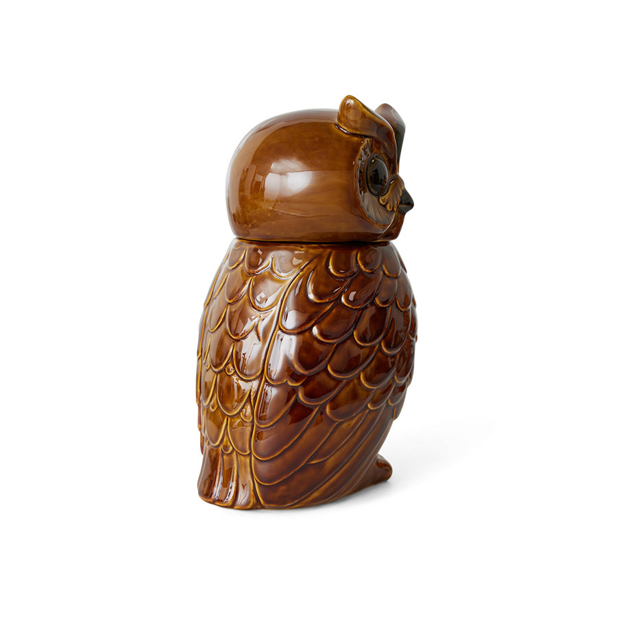 HKLIVING ceramic owl jar roasted brown stoneware, back/side view
