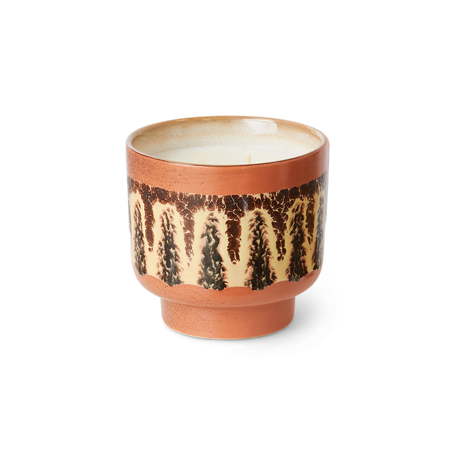 HKLIVING 70s Ceramics Kyoto scented candle in a terracotta stoneware pot with a cream and brown wave pattern