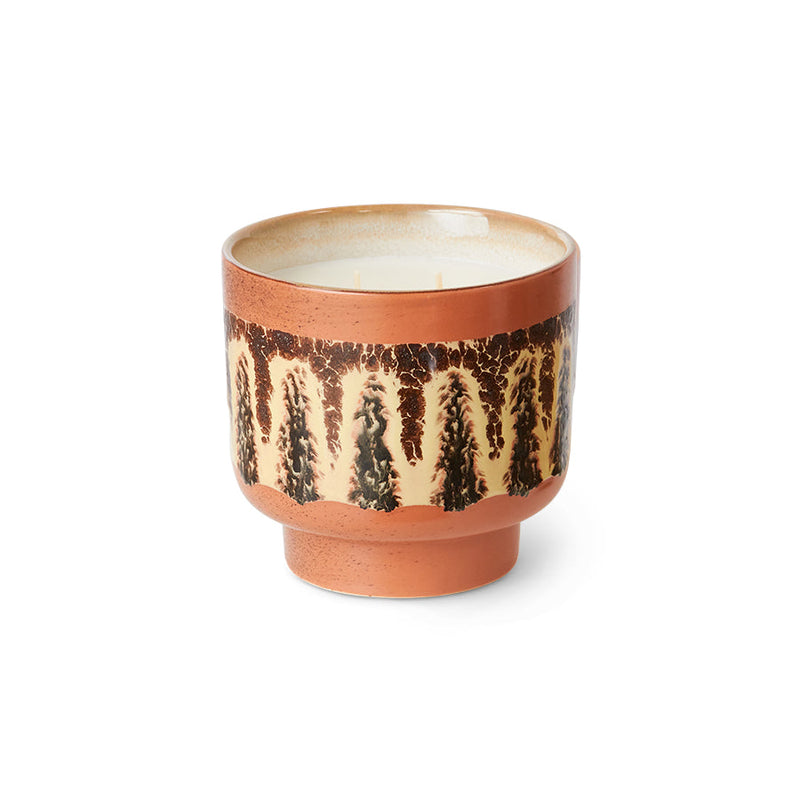 HKLIVING 70s Ceramics Kyoto scented candle in a terracotta stoneware pot with a cream and brown wave pattern