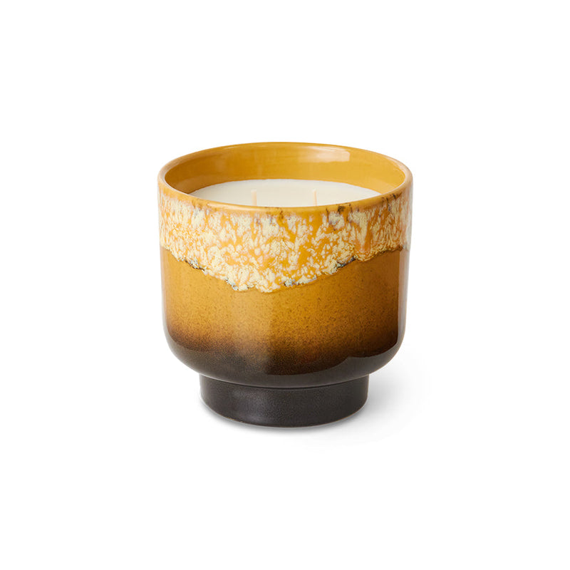 HKLIVING 70s Ceramics Valencia scented candle in a mustard stoneware pot with a cream drip glaze