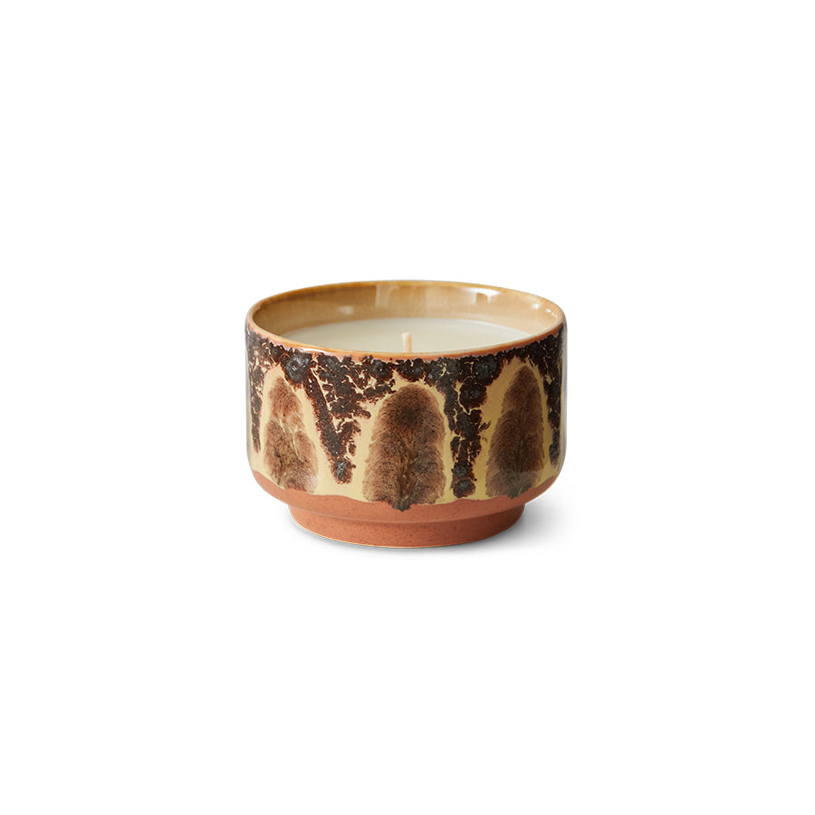 HKLIVING Kyoto scented candle in a brown and beige 70s-style ceramic pot, shown from the front.