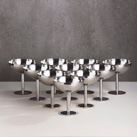 Elegant stainless steel champagne coupe with blue base