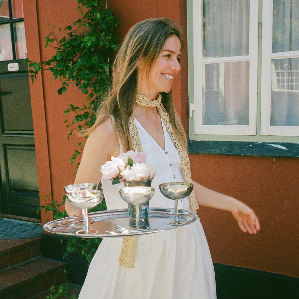 person carrying stainless steel ice cups by aida on a tray for stylish summer entertaining
