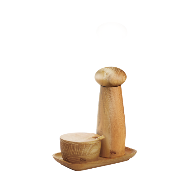 teak salt jar and pepper grinder set with tray by aida in natural wood
