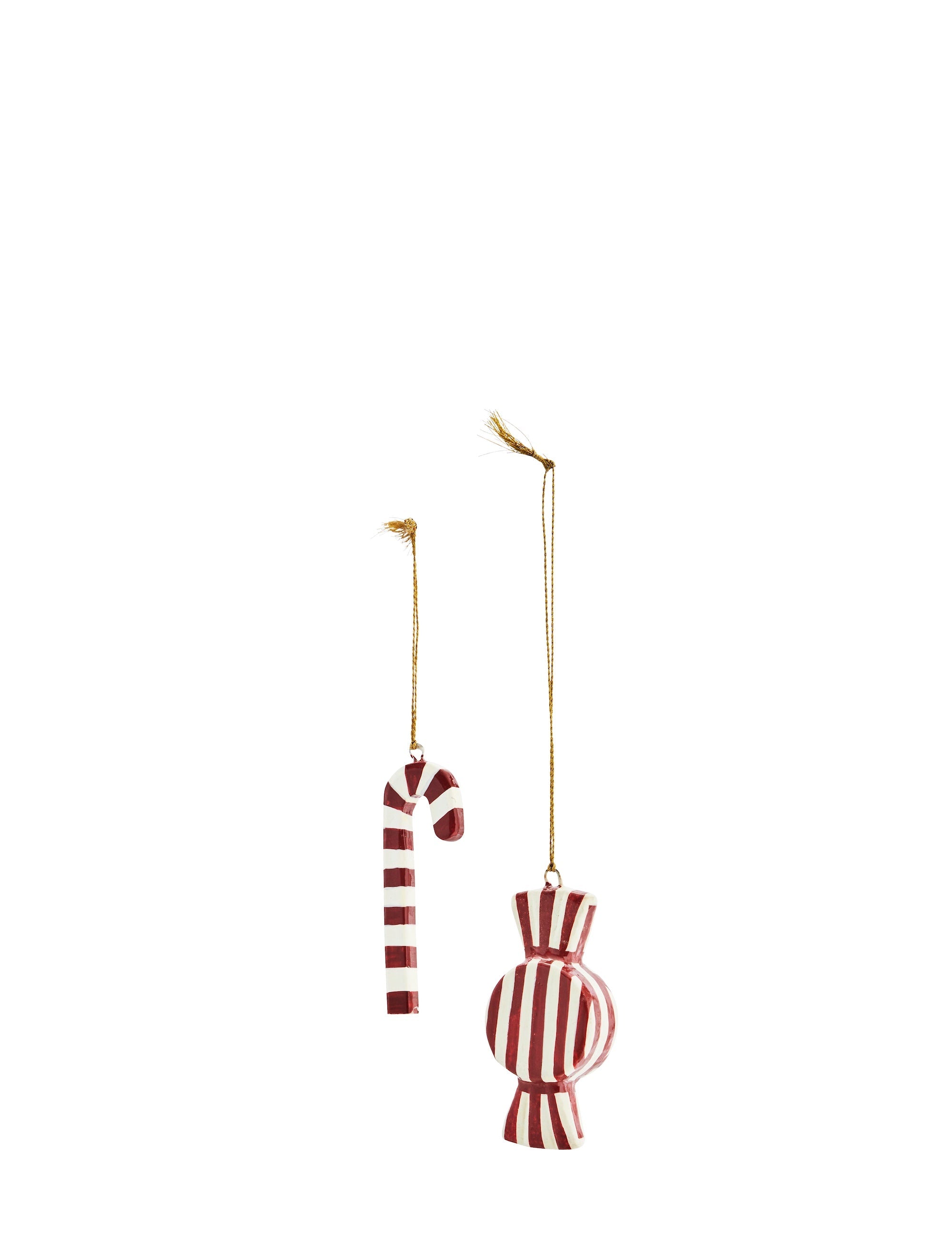 handmade red and off white striped paper mache christmas ornaments set of two
