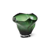 Angled view of HKLIVING folded mid vase in emerald green glass on white background