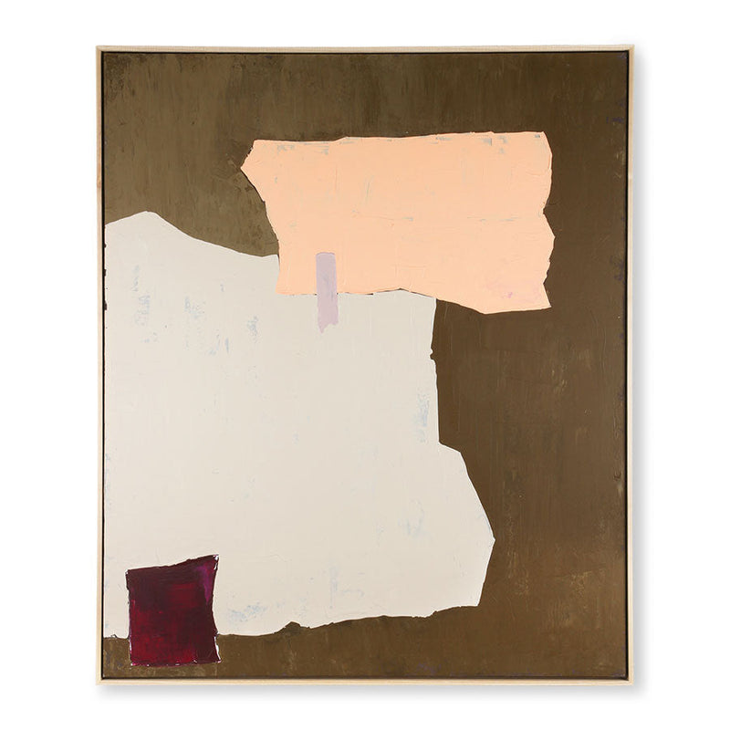 HKLIVING abstract painting with cream and peach shapes on a mustard-brown ground in a natural wood frame