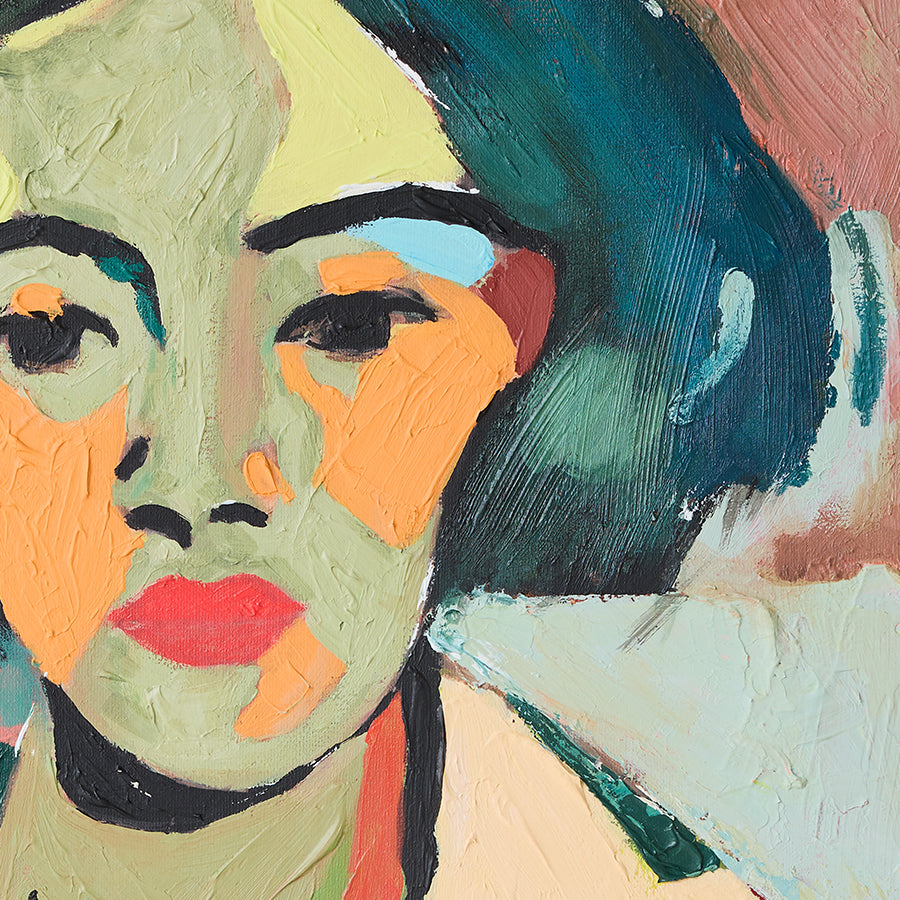 close up of HKLIVING Self-Made portrait artwork showing expressive face and textured colour