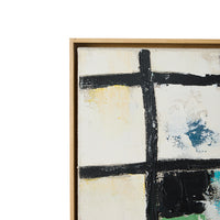Close-up of the corner of Wired framed canvas wall art by HKLIVING showing the wood frame and hand-painted grid lines