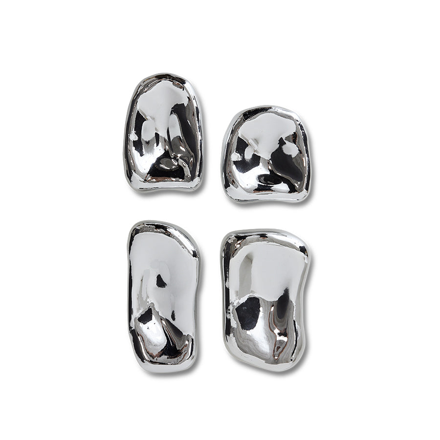 Set of four HKLIVING chrome glass wall sculptures in organic mirrored shapes on white background