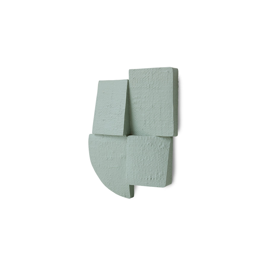 Alternate angle of sage green Levels wall sculpture showing layered blocks