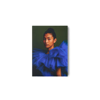 Volt plexi portrait by HKLIVING, blue tulle garment against a green backdrop, 35 x 50cm on white background