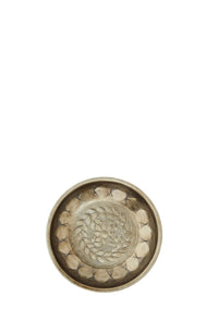 small hand-hammered aluminium tray in antique brass with decorative embossing
