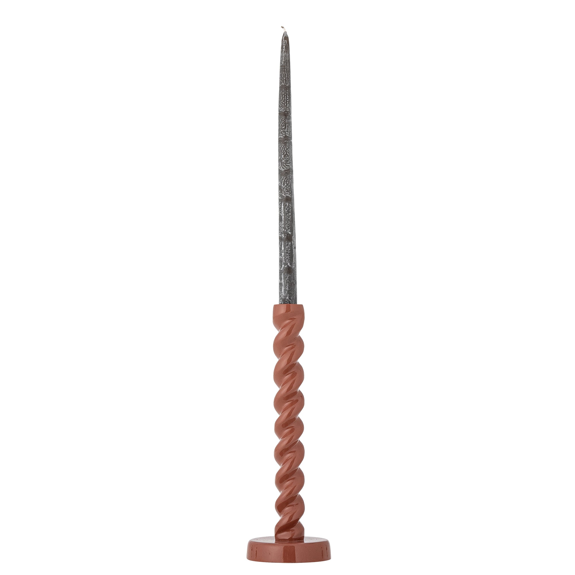 brown spiral candle holder by bloomingville shown with taper candle
