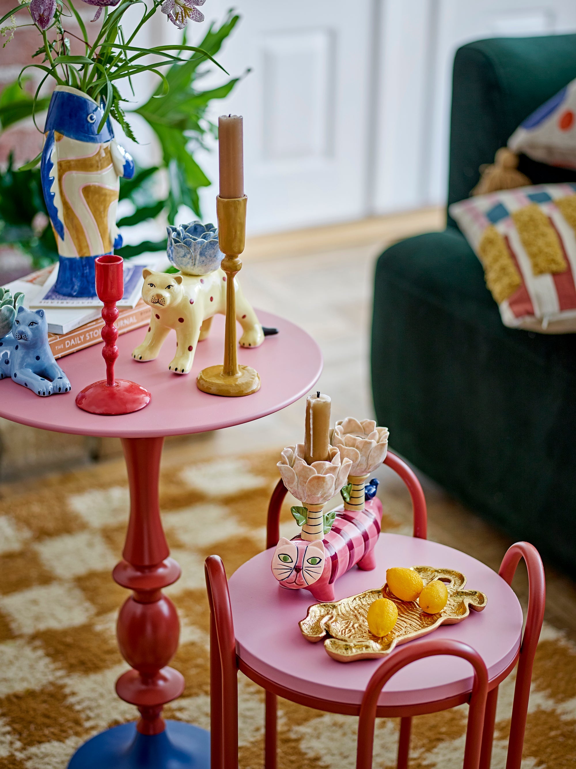 red bloomigville eber candle holder styled with colourful ceramics on pink tables