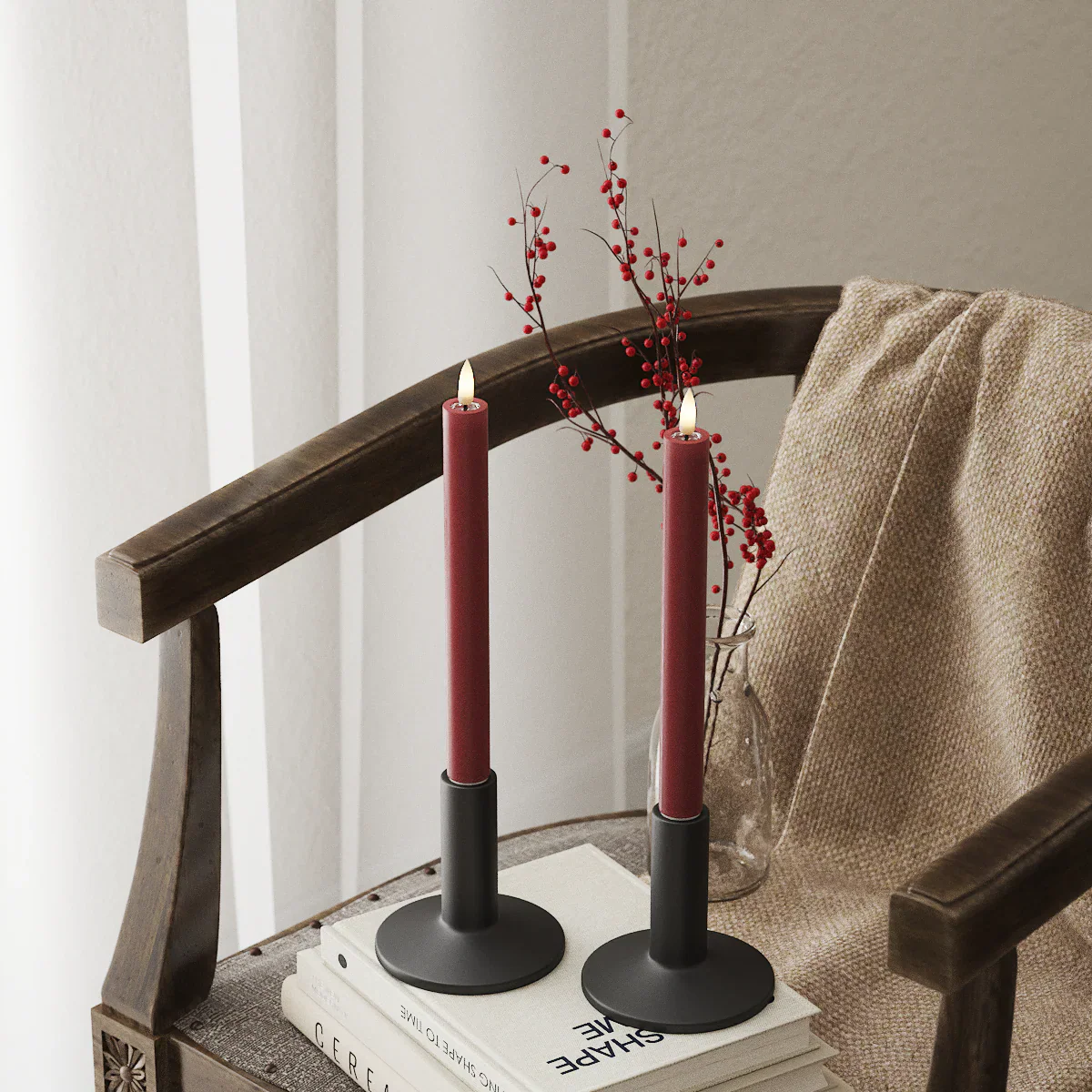 Tall 24cm bordeaux LED dinner candles on wooden sideboard