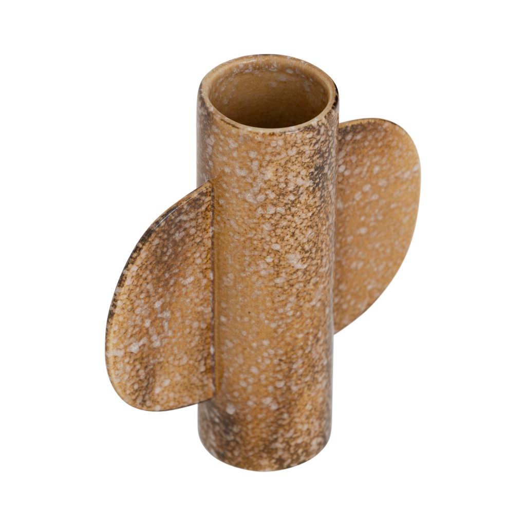 Bran vase at an angle, showing one of its rounded ears