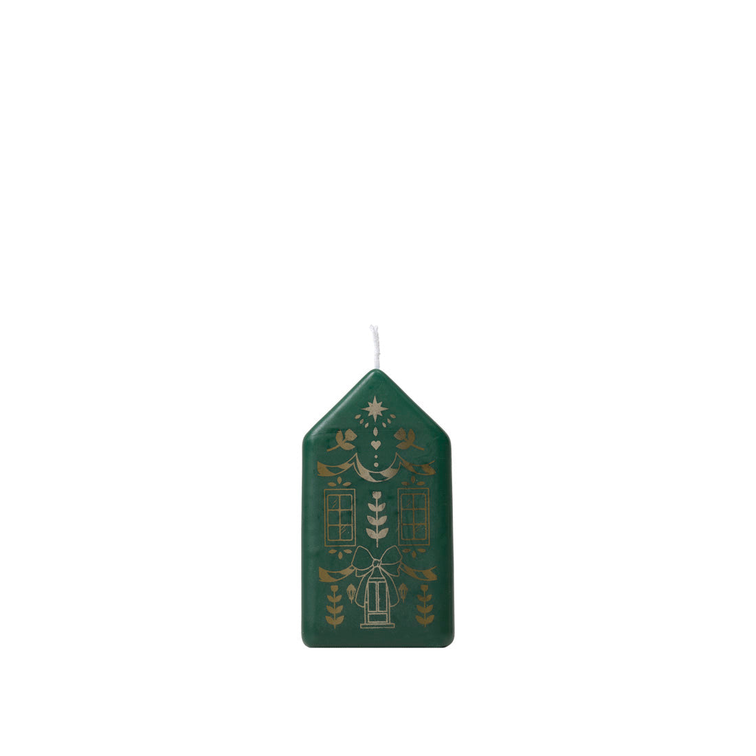 Broste Copenhagen Casa Figure Candle, a dark green house-shaped candle with gold pattern, on a white background