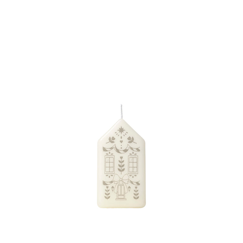 Broste Copenhagen Casa Figure Candle, a white house-shaped candle with silver pattern, on a white background