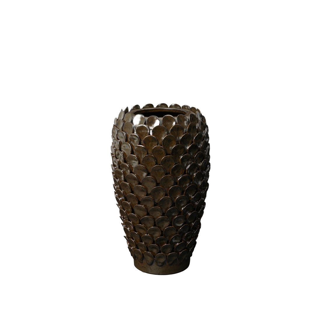 Broste Copenhagen Dorthea Vase in Bronze with a textured overlapping disc surface, on a white background